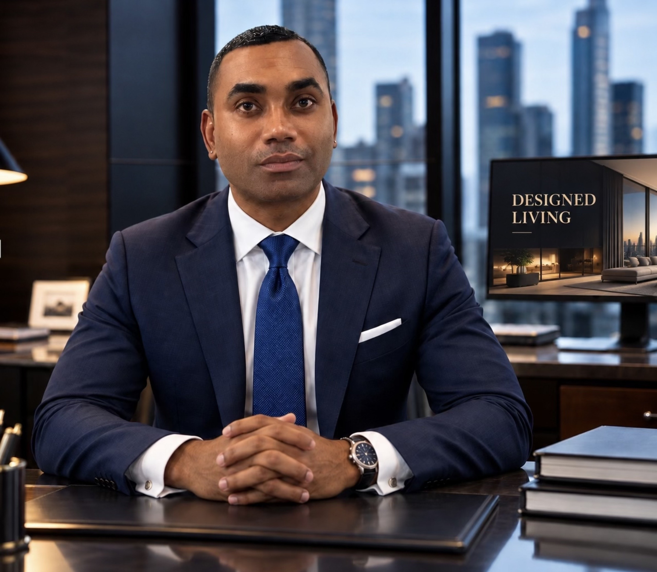 Chino Thomas seated at an office desk with Designed Living displayed on the screen
