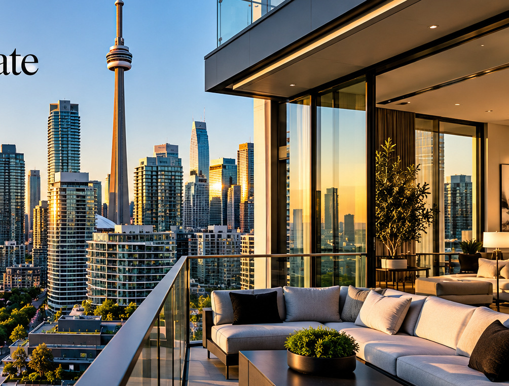 Toronto skyline and modern luxury residence at golden hour